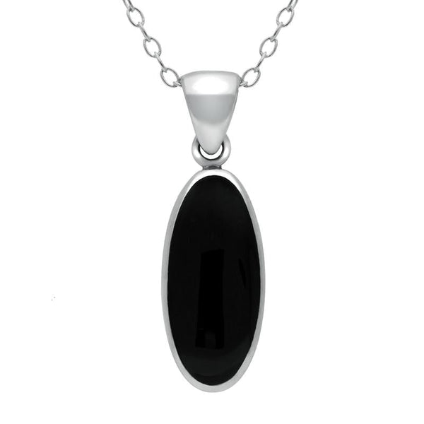 00045323 C W Sellors Sterling Silver Whitby Jet Long Oval Necklace. P169.