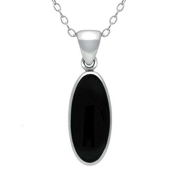 00045323 C W Sellors Sterling Silver Whitby Jet Long Oval Necklace. P169.