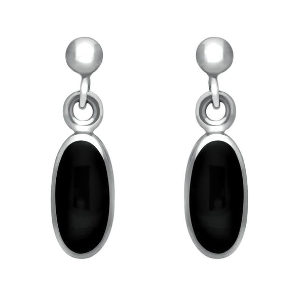 00074203 C W Sellors Sterling Silver Whitby Jet Small Long Oval Drop Earrings, E287.