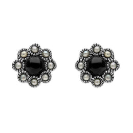 Sterling Silver Whitby Jet Pearl Round Bead Edge Two Piece Set