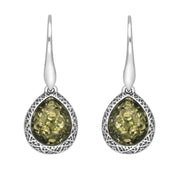 Sterling Silver Green Amber Basket Weave Edge Pear Hook Earrings E2501_G