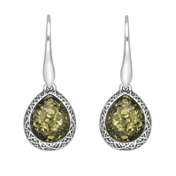 Sterling Silver Green Amber Basket Weave Edge Pear Hook Earrings E2501_G