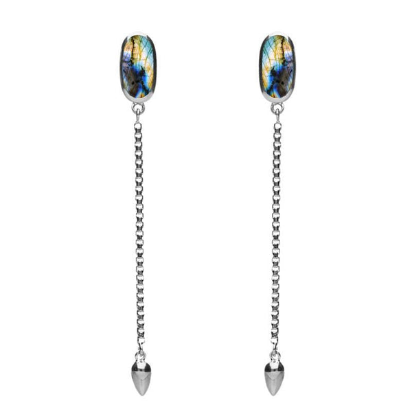 Sterling Silver Spectrolite Lineaire Long Drop Stud Earrings, E2240.