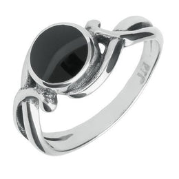 Whitby Jet Ring Heritage Round Scroll Silver R067