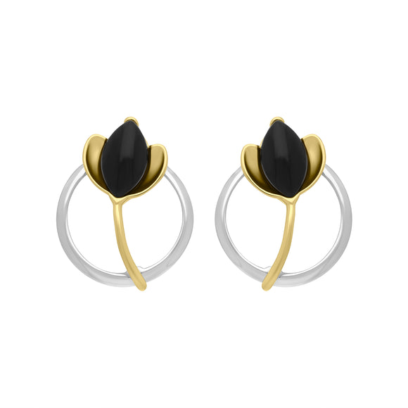Yellow Gold Plated Sterling Silver Whitby Jet Open Circle Leaf Earrings, E2619
