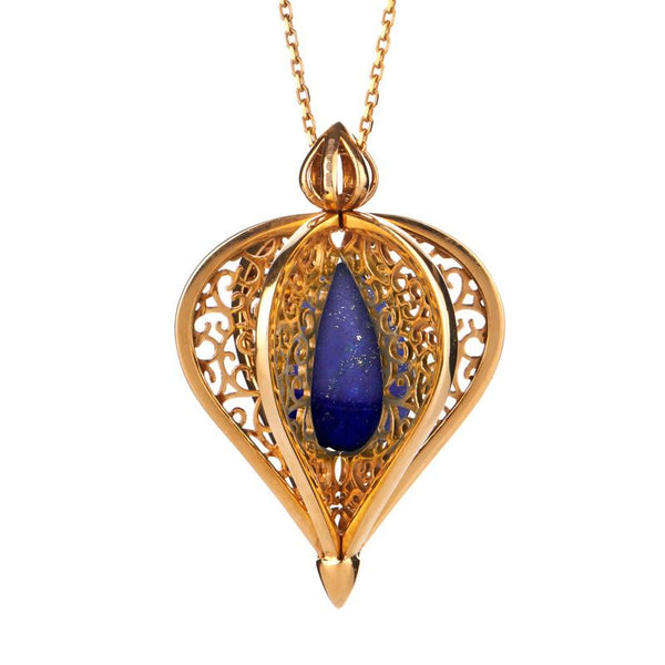 Yellow Gold Vermeil Lapis Lazuli Flore Filigree Droplet Necklace P2330C