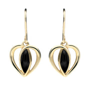 9ct Yellow Gold Whitby Jet Heart Drop Earrings E1914