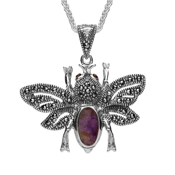 Silver Blue John Marcasite Garnet Bee Pendant Necklace