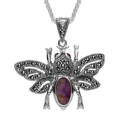 Silver Blue John Marcasite Garnet Bee Pendant Necklace