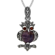 Sterling Silver Blue John Marcasite Garnet Owl Necklace. P2980.