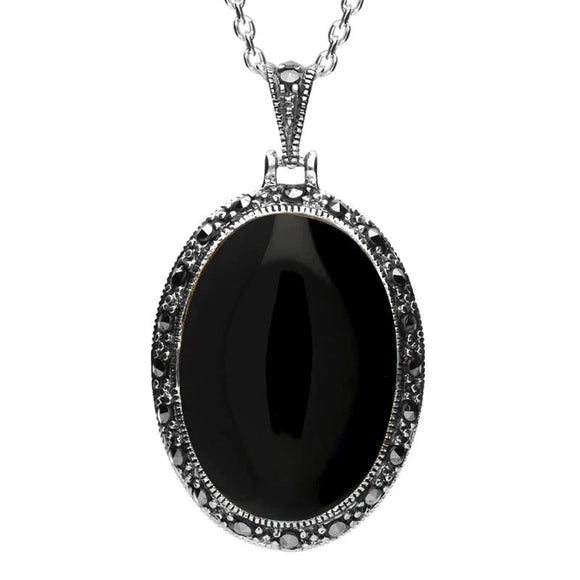 Sterling Silver Whitby Jet Marcasite Oval Star Back Necklace