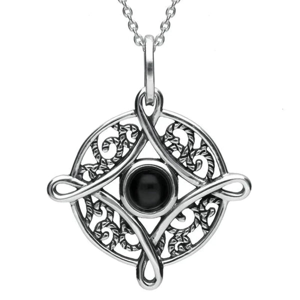 Sterling Silver Whitby Jet Four Point Cross Necklace. P2551.