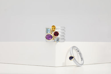 9ct Yellow Gold Sterling Silver Blue John Stepping Stones 5mm Round Bezel Set Ring