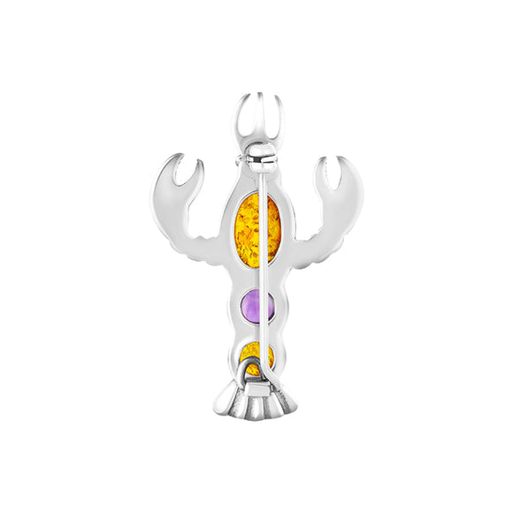 Sterling Silver Amber Amethyst Lobster Brooch