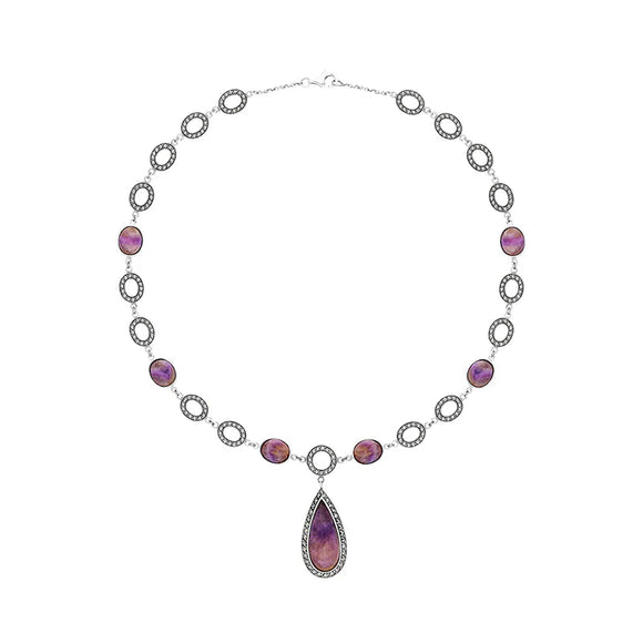 Sterling Silver Blue John Marcasite Pear Drop Oval Chain Necklace