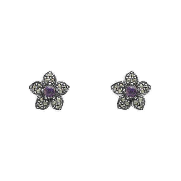 Sterling Silver Blue John Marcasite Flower Stud Earrings D E1696