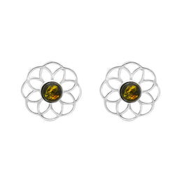 Sterling Silver Amber Flower Stud Earrings, E2422.