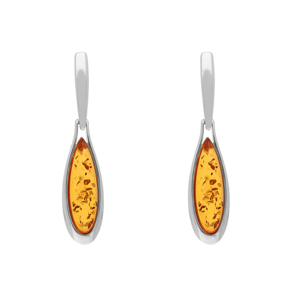 Sterling Silver Amber Long Pear Drop Earrings E1556