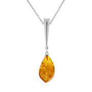 Sterling Silver Amber Long Pear Shaped Drop Necklace, P1633.
