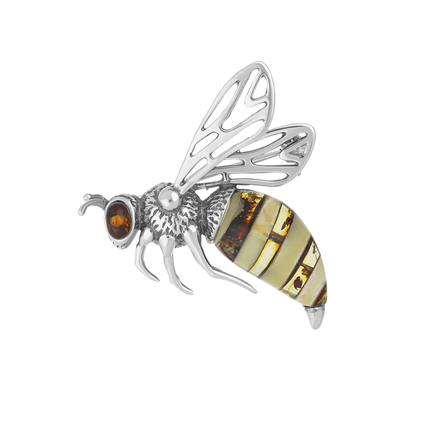 Sterling Silver Baltic Amber Filigree Wings Bee Brooch M362