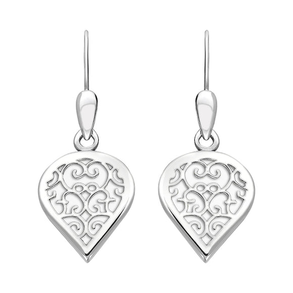 Sterling Silver Bauxite Flore Filigree Heart Drop Earrings. E2588.