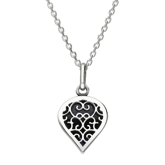Sterling Silver Blue Goldstone Flore Filigree Small Heart Necklace. P3629.