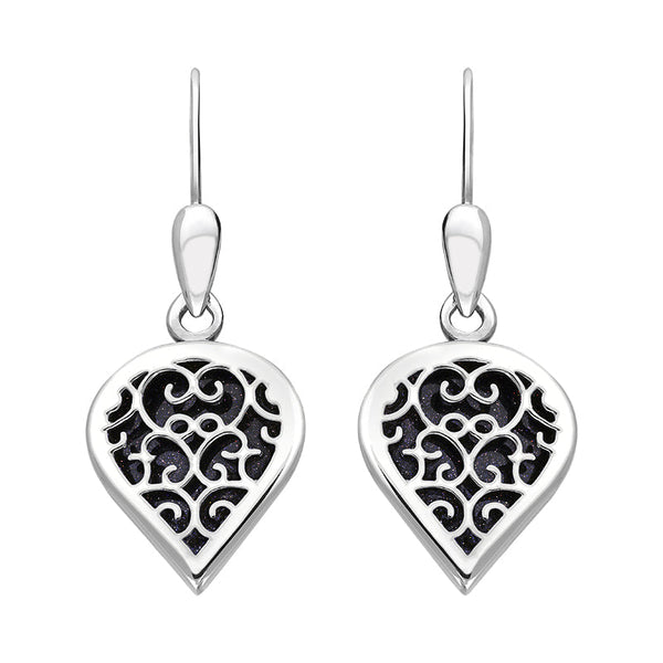 Sterling Silver Blue Goldstone Flore Filigree Heart Drop Earrings. E2588.