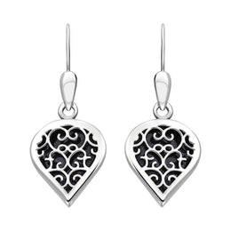 Sterling Silver Blue Goldstone Flore Filigree Heart Drop Earrings. E2588.