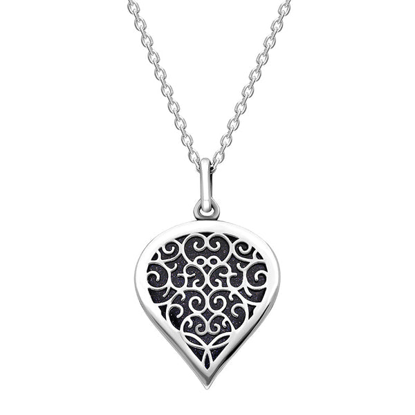 Sterling Silver Blue Goldstone Flore Filigree Medium Heart Necklace. P3630.