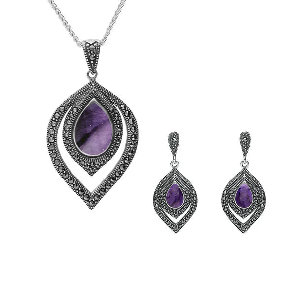 Sterling Silver Blue John and Marcasite Fancy Pear Drop Two Piece Set