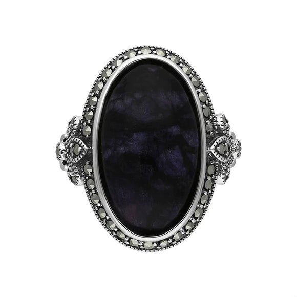 Sterling Silver Blue John Marcasite Frame Large Oval Ring