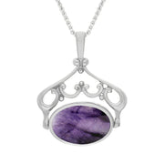 Sterling Silver Blue John Whitby Jet Ornate Double Sided Oval Swivel Fob Necklace, P116_8_2.