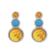 Sterling Silver Three Stone Round Graduated Amber Turquoise Stud Earrings