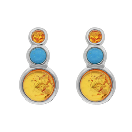 Sterling Silver Three Stone Round Graduated Amber Turquoise Stud Earrings
