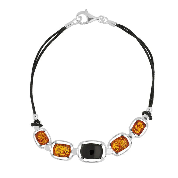 Sterling Silver Whitby Jet Amber Five Stone Graduated Leather Cord Bracelet, B1239.
