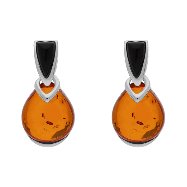 Sterling Silver Whitby Jet Amber Triangle Top Round Drop Earrings E1651