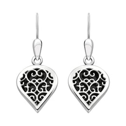 Sterling Silver Whitby Jet Flore Filigree Heart Drop Earrings. E2588.