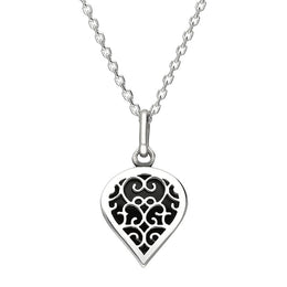 Sterling Silver Whitby Jet Flore Filigree Small Heart Necklace. P3629.