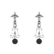 Sterling Silver Whitby Jet Freshwater Pearl Scrollwork Drop Earrings, E1593