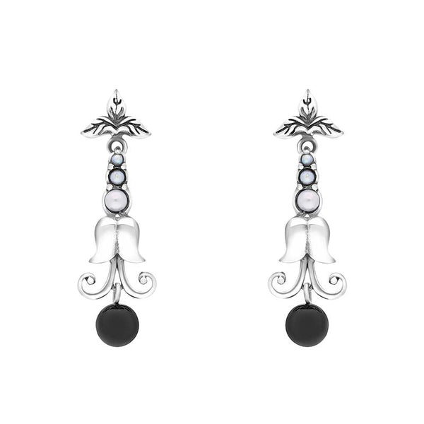 Sterling Silver Whitby Jet Freshwater Pearl Scrollwork Drop Earrings, E1593