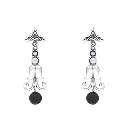 Sterling Silver Whitby Jet Freshwater Pearl Scrollwork Drop Earrings, E1593