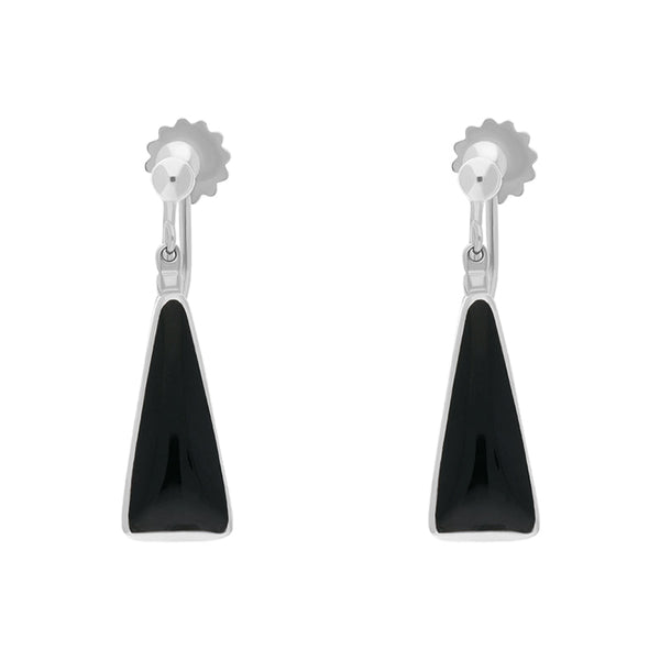 Sterling Silver Whitby Jet Long Triangle Clip On Drop Earrings, E1771.