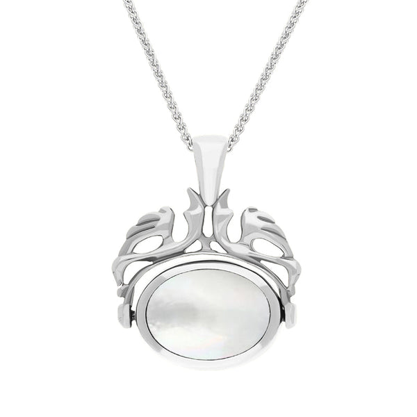 Sterling Silver Whitby Jet Mother Of Pearl Double Sided Oval Swivel Fob Necklace, P104_4.