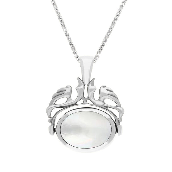 Sterling Silver Whitby Jet Mother Of Pearl Double Sided Oval Swivel Fob Necklace, P104_4.