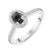 18ct White Gold Whitby Jet 0.19ct Diamond Halo Ring, R1132.