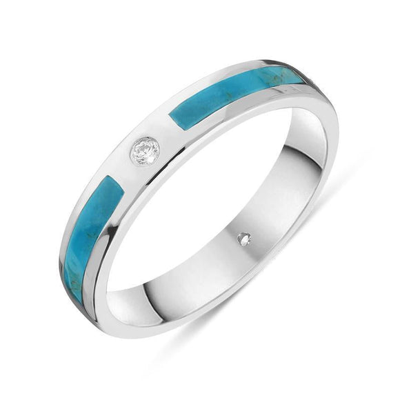 18ct White Gold Turquoise Diamond 4mm Patterned Wedding Band Ring, R1195_4.