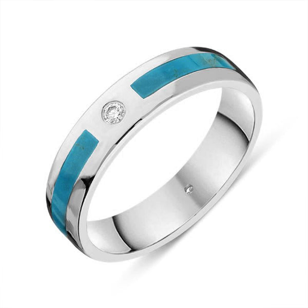 18ct White Gold Turquoise Diamond 5mm Patterned Wedding Band Ring, R1195_5.