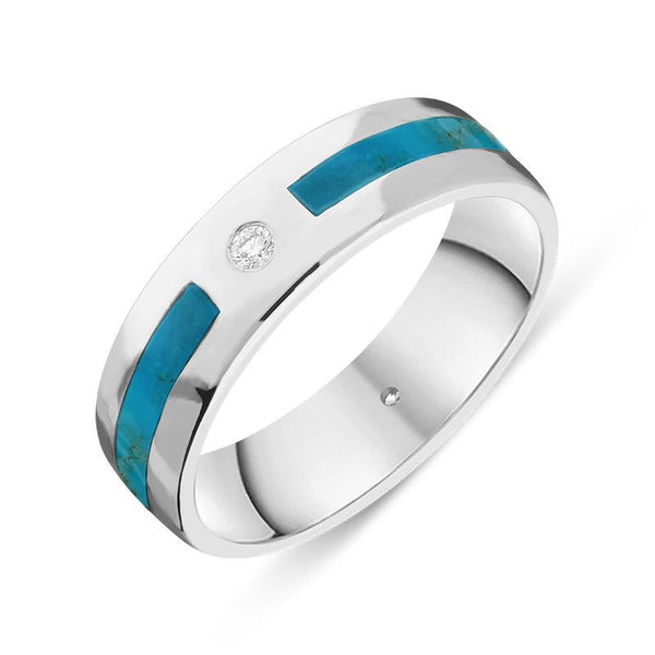 18ct White Gold Turquoise Diamond 6mm Patterned Wedding Band Ring, R1194_6.