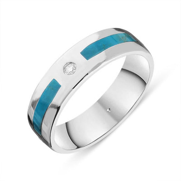 18ct White Gold Turquoise Diamond 6mm Patterned Wedding Band Ring, R1195_6.