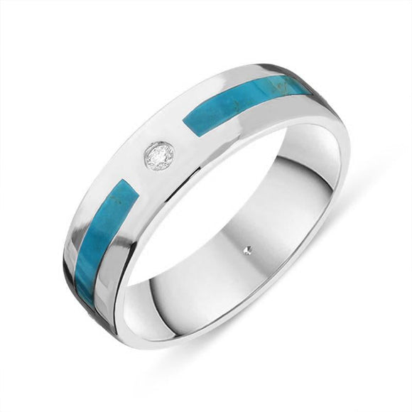 18ct White Gold Turquoise Diamond 6mm Patterned Wedding Band Ring, R1195_6.